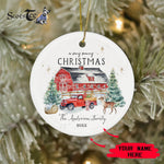 Scotstee Shop - A Very Christmas Circle Ornament Rustic Winter Barn Vintage Red Farmhouse Truck Ceramic Ornament