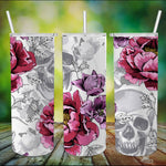 Sugar Skull Tumbler Pink Peony, Violet Tulips Flowers And Silver Gray Skulls Dead Halloween Sugar Skull Tumbler - Scotstee Shop