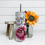 Sugar Skull Tumbler Pink Peony, Violet Tulips Flowers And Silver Gray Skulls Dead Halloween Sugar Skull Tumbler - Scotstee Shop