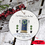 Scotstee Shop - Personalize Name Family Christmas In New Home Watercolor Navy Door Wreath Ceramic Ornament, First Christmas In Our New Home Circle Ornament