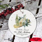 Scotstee Shop - Personalize Name Family First Christmas New Home Watercolor House Green Ceramic Ornament, Our First Christmas Circle Ornament
