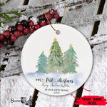 Scotstee Shop - Custom Name Greenery First Christmas as a Family of Three Ceramic Ornament