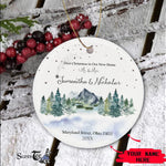 Scotstee Shop - Personalize Name Family First Christmas Mr and Mrs Mountains Trees Wedding Ceramic Ornament, First Christmas In Our New Home Ornament