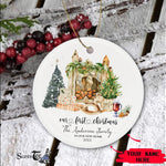 Scotstee Shop - Our First Christmas In Our New Home Circle Ceramic Ornament Watercolor Pine New House First Christmas Ceramic Ornament