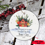 Scotstee Shop - Personalize Name Family First Christmas New Home Watercolor House Red Ornament, First Christmas In Our New Home Ornament