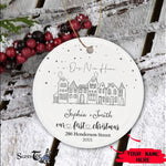Scotstee Shop - Personalize Name Family New Home Modern Minimalist Christmas Ceramic Ornament, Our First Christmas Circle Ornament