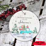 Scotstee Shop - Personalize Name Family Blue Truck First Christmas as Mr and Mrs Ceramic Ornament