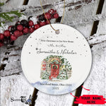 Scotstee Shop - Circle Ceramic Ornament (2 sided) - Personalize Name Family Watercolor Our New Home First Christmas Ceramic Ornament