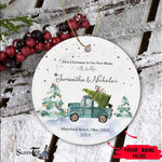 Scotstee Shop - Personalize Name Family Blue Truck First Christmas as Mr. & Mrs. Ceramic Ornament