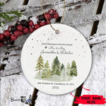 Scotstee Shop - Circle Ceramic Ornament (2 sided) - Personalize Name Family Watercolor Our First Christmas in our new Home Pine Tree Ornament