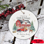 Scotstee Shop - A Very Christmas Circle Ornament Rustic Winter Barn Vintage Red Farmhouse Truck Ceramic Ornament