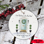 Scotstee Shop - Personalize Name Family Christmas In New Home Watercolor Teal Door Wreath Ceramic Ornament, First Christmas In Our New Home Circle Ornament