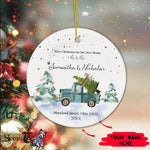 Scotstee Shop - Personalize Name Family Blue Truck First Christmas as Mr. & Mrs. Ceramic Ornament
