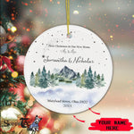 Scotstee Shop - Personalize Name Family First Christmas Mr and Mrs Mountains Trees Wedding Ceramic Ornament, First Christmas In Our New Home Ornament