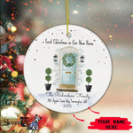Scotstee Shop - Personalize Name Family Christmas In New Home Watercolor Teal Door Wreath Ceramic Ornament, First Christmas In Our New Home Circle Ornament