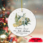 Scotstee Shop - Personalize Name Family First Christmas New Home Watercolor House Green Ceramic Ornament, Our First Christmas Circle Ornament