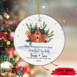 Scotstee Shop - Personalize Name Family First Christmas New Home Watercolor House Red Ornament, First Christmas In Our New Home Ornament