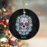 Sugar Skull Ornament Personalized Ornaments Purple Sugar Skull with Flowers Gift Happy Halloween Ornament Gift - Scotstee Shop