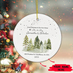 Scotstee Shop - Circle Ceramic Ornament (2 sided) - Personalize Name Family Watercolor Our First Christmas in our new Home Pine Tree Ornament