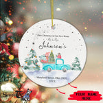 Scotstee Shop - Personalize Name Family Blue Truck First Christmas as Mr and Mrs Ceramic Ornament