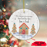 Scotstee Shop - Personalize Name Family Gingerbread New Home First Christmas Rustic Wood Glass Ornament, First Christmas In Our New Home Ornament