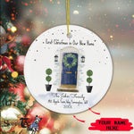 Scotstee Shop - Personalize Name Family Christmas In New Home Watercolor Navy Door Wreath Ceramic Ornament, First Christmas In Our New Home Circle Ornament