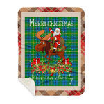 Personalized Gift Plaid Tartan Blanket Clan Johnston With Moose Lover Xmas Gift Santa Riding Buffalo Plaid Christmas Sherpa Blanket
