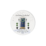 Scotstee Shop - Circle Ceramic Ornament (2 sided) - Personalize Name Family Christmas In New Home Watercolor Navy Door Wreath Ceramic Ornament