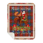 Personalized Gift Plaid Tartan Blanket Clan Fraser Ancient With Moose Lover Xmas Gift Santa Riding Buffalo Plaid Christmas Sherpa Blanket