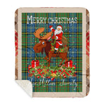 Personalized Gift Plaid Tartan Blanket Clan MacMillan Hunting Ancient With Moose Lover Xmas Gift Santa Riding Plaid Christmas Sherpa Blanket