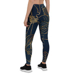 Mother's Day Gift, Mother's Day Leggings Elegant Gold Roses Floral Drawing Blue Women's Leggings