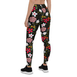 Mother's Day Gift, Mother's Day Leggings Pretty White Pink Floral Black Brush Strokes Flower Women's Leggings