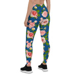 Mother's Day Gift, Mother's Day Leggings Seamless Pattern Blue with Roses Pink Flowers Women's Leggings