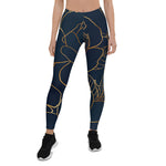 Mother's Day Gift, Mother's Day Leggings Elegant Gold Roses Floral Drawing Blue Women's Leggings