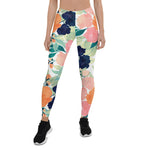 Mother's Day Gift, Mother's Day Leggings Elegant Pink Blue & Orange Rose Floral Watercolor wOMEN'S Leggings