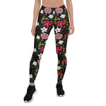 Mother's Day Gift, Mother's Day Leggings Pretty White Pink Floral Black Brush Strokes Flower Women's Leggings