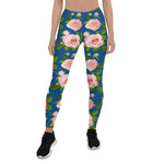 Mother's Day Gift, Mother's Day Leggings Seamless Pattern Blue with Roses Pink Flowers Women's Leggings