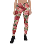 Mother's Day Gift, Mother's Day Leggings Vintage Elegant Pink Red Floral on Pink Rose Gold Women's Leggings