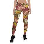 Mother's Day Gift, Mother's Day Leggings Vintage Chrysanthemum Flowers on Dusty Rose Women's Leggings