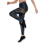 Mother's Day Gift, Mother's Day Leggings Elegant Gold Roses Floral Drawing Blue Women's Leggings