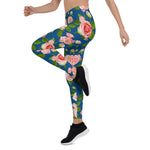 Mother's Day Gift, Mother's Day Leggings Seamless Pattern Blue with Roses Pink Flowers Women's Leggings