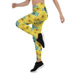 Mother's Day Gift, Mother's Day Leggings Yellow Watercolor Roses with Leaves and Buds pattern Women's Leggings