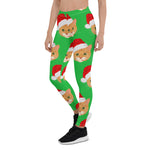 Scotstee Shop - Cat in Santa Claus Hat Pastel Snowflakes Pattern Green Christmas Gifts Women's Leggings