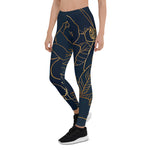 Mother's Day Gift, Mother's Day Leggings Elegant Gold Roses Floral Drawing Blue Women's Leggings