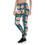 Mother's Day Gift, Mother's Day Leggings Seamless Pattern Blue with Roses Pink Flowers Women's Leggings