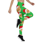 Scotstee Shop - Cat in Santa Claus Hat Pastel Snowflakes Pattern Green Christmas Gifts Women's Leggings