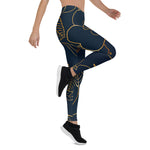 Mother's Day Gift, Mother's Day Leggings Elegant Gold Roses Floral Drawing Blue Women's Leggings