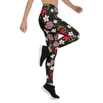 Mother's Day Gift, Mother's Day Leggings Pretty White Pink Floral Black Brush Strokes Flower Women's Leggings