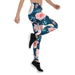 Mother's Day Gift, Mother's Day Leggings Rose seamless pattern with watercolor on blue Women's Leggings