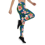 Mother's Day Gift, Mother's Day Leggings Seamless Pattern Blue with Roses Pink Flowers Women's Leggings